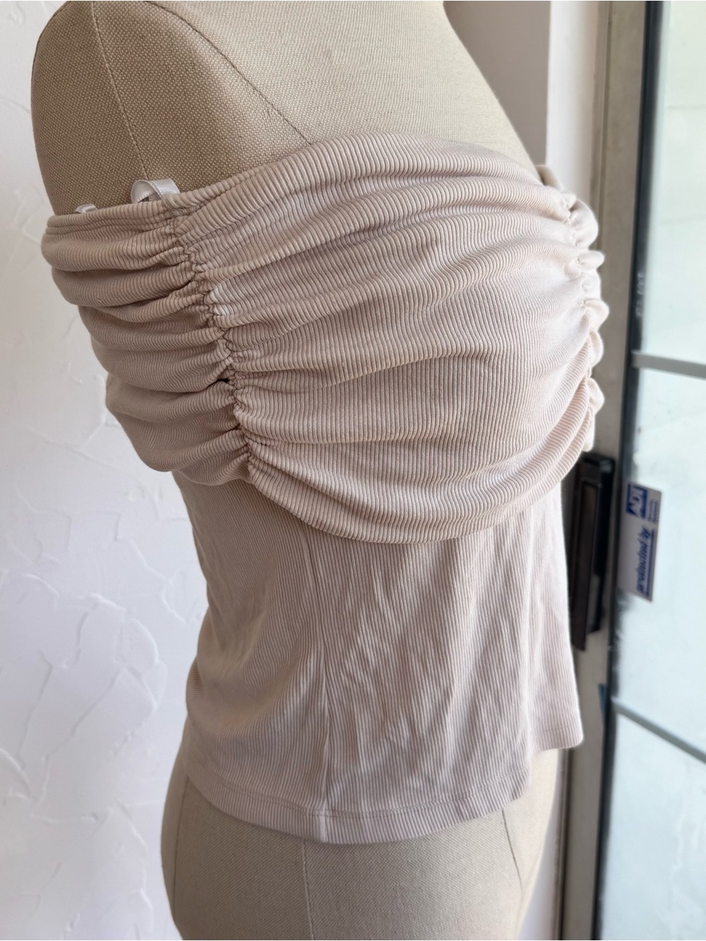 LNA Clothing Ruched Off-the-Shoulder Ribbed Top – Beige - Picture 2 of 4